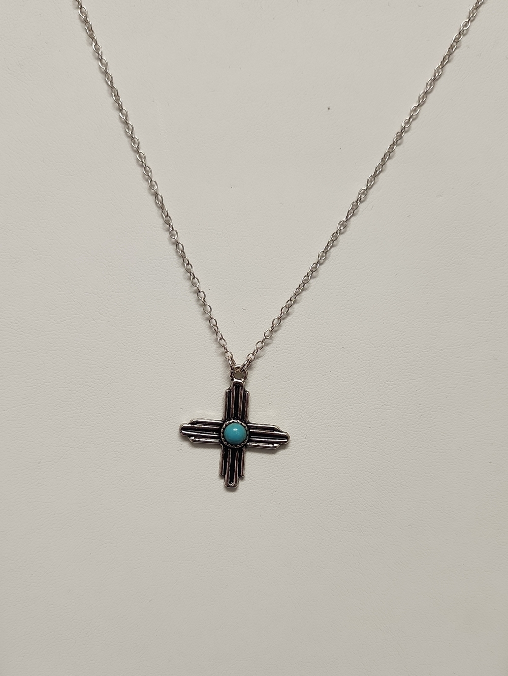 Silver Tone Cross Pendant Necklace with Turquoise Accent